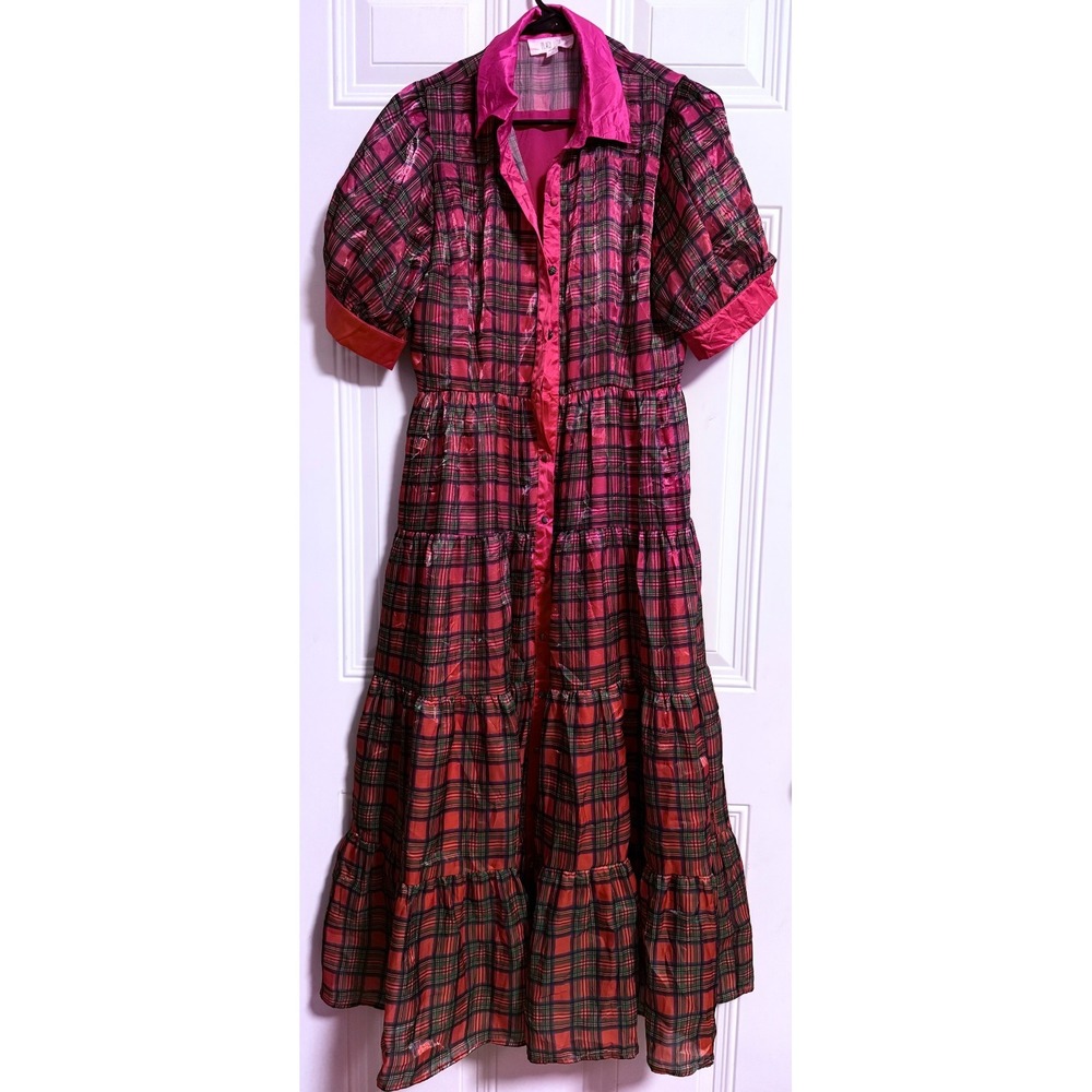Peach Love Christmas Plaid Organza Midi Dress SZ Small Holidays